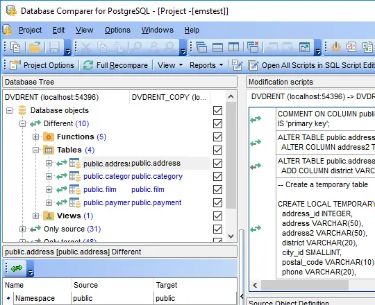 Compare and Synchronize PostgreSQL Database Schemas Main Window