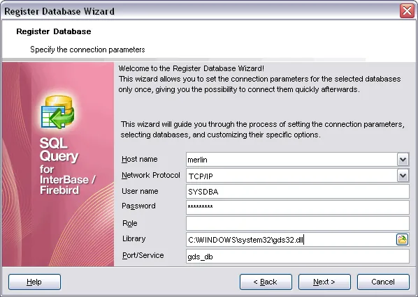 Visual InterBase/FireBird Query Builder and SQL Editor DB Register Windowd