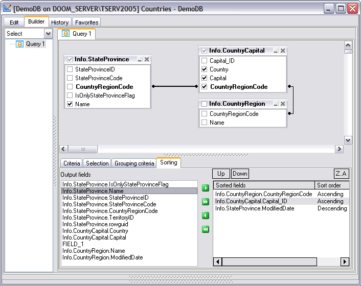 Визуальный конструктор запросов - сортировка исходных полей