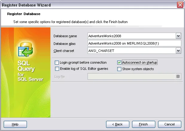 Visual SQL Server Query Builder and SQL Editor Register DB window