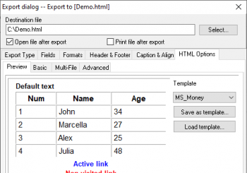 Setting options to export data to HTML