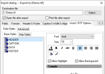 Setting options to export data to RTF